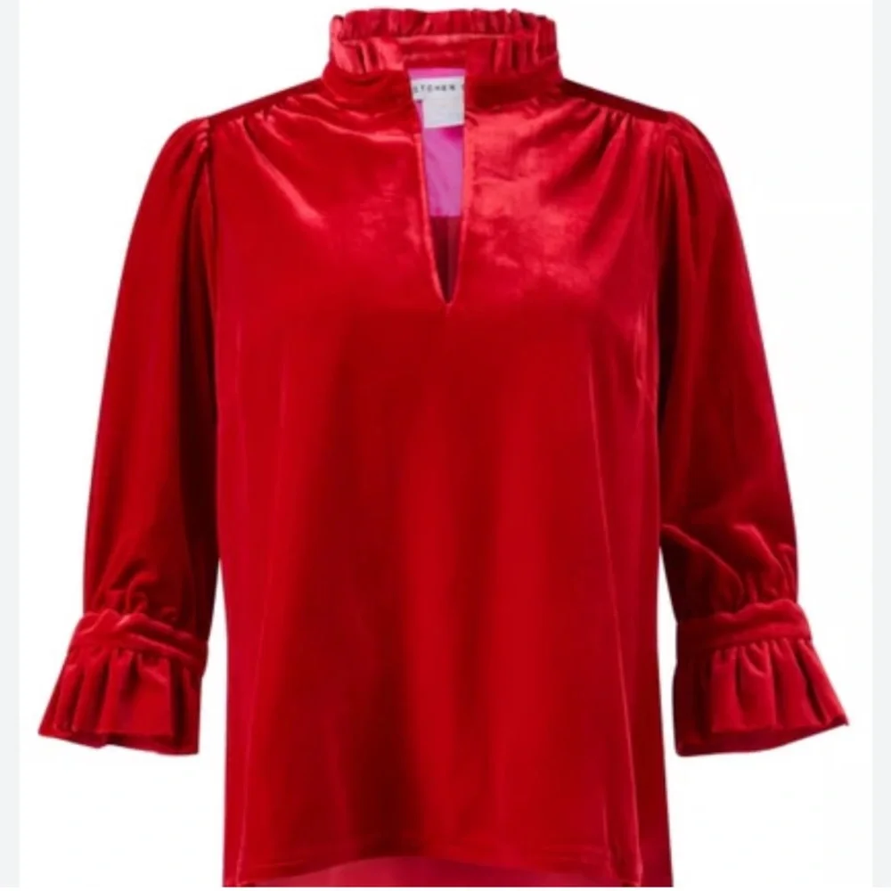 Gretchen Scott Designs Velvet Red Ruffled Blouse Size Small - Picture 3 of 7
